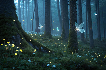 Night forest with magic butterflies and flowers. Fantasy forest. Magical atmosphereの素材