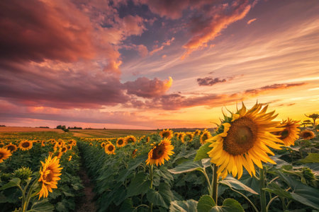 Sunflower field at sunset. Beautiful summer landscape with sunflowers.の素材