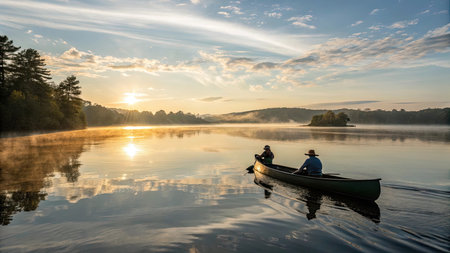 Man and woman kayaking on a misty lake at sunrise.の素材