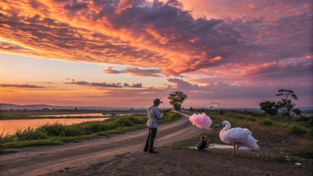 Flamingos eating cotton candy on the road at sunset.の素材