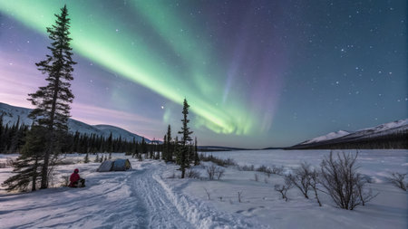 Northern lights Aurora borealis over the Polar Circle, Yukon Territory, Canadaの素材