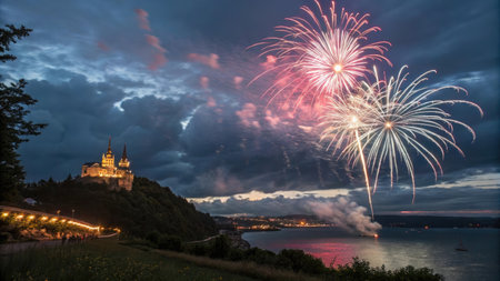 Celebratory firework over the Danube river in Budapest, Hungaryの素材