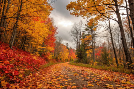 Autumn road in the forest with colorful trees and cloudy sky.の素材