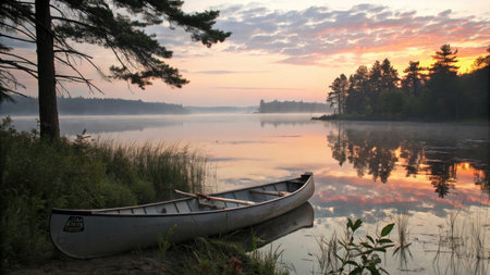 Boat on the lake in the morning. Beautiful summer landscape.の素材