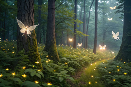 Mysterious forest with butterflies and glowing lights. Fairytale forestの素材