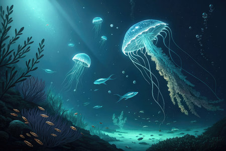 Underwater scene with jellyfishes and corals. Illustrationの素材