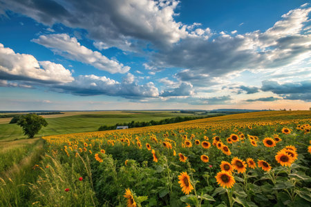 Sunflower field with blue sky and white clouds. Summer landscape.の素材