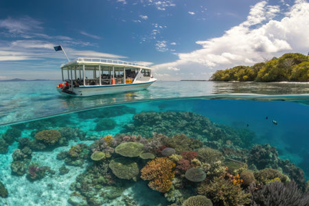 Tropical coral reef and boat at Seychelles islandsの素材