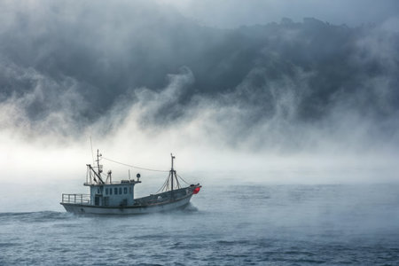 Fishing boat in the sea with fog and mist at morning.の素材