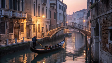 Gondola on the Grand Canal in Venice at sunset, Italyの素材