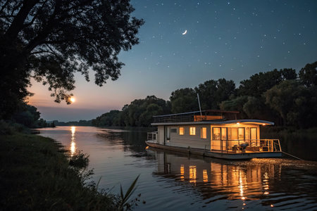 Night view of the river and a boat with a beautiful starry skyの素材