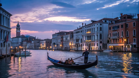 Gondola in the Grand Canal at sunset, Venice, Italyの素材
