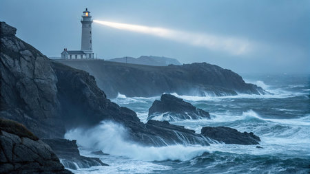 Lighthouse on the north coast of Brittany, France. Long exposureの素材