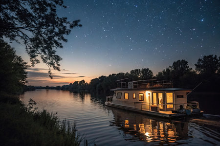 Night view of a boat on the Dnieper River in Kiev, Ukraineの素材