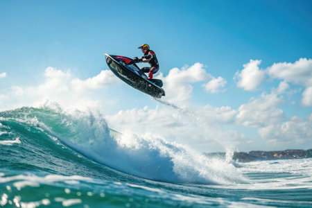 Professional jet ski rider in action on the waves. Extreme water sportの素材
