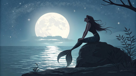 Beautiful mermaid sitting on the rock and looking at the full moonの素材