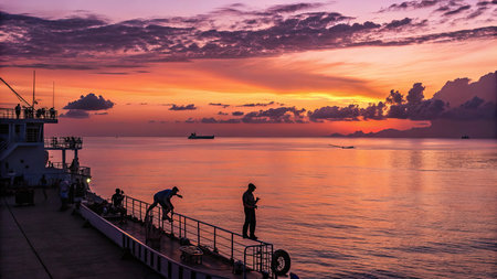 Silhouette of people on the pier at sunset, Koh Samui, Thailandの素材