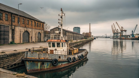 Fishing boat in front of industrial port in Hamburg, Germany.の素材