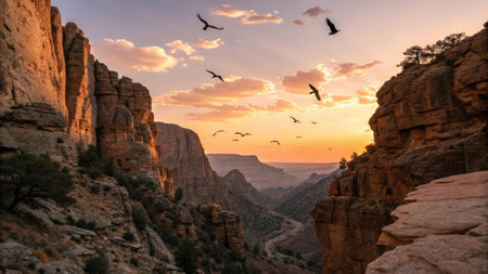 Flock of birds flying over the Grand Canyon, Arizona, USAの素材
