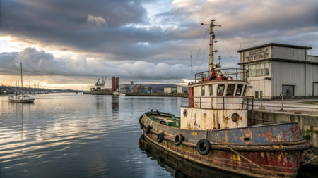 A view of a fishing boat in the harbour of Whitby, North Yorkshire.の素材