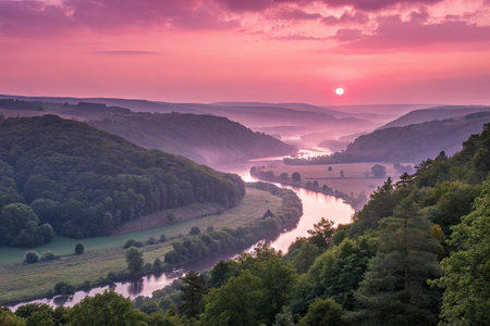 Sunrise over the river valley in the Czech Republic, Europe.の素材