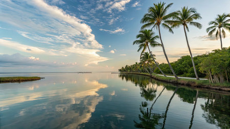 Palm trees and reflection in the calm water of a lagoonの素材