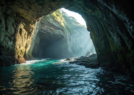 Beautiful view of the sea from inside a cave in the mountainsの素材