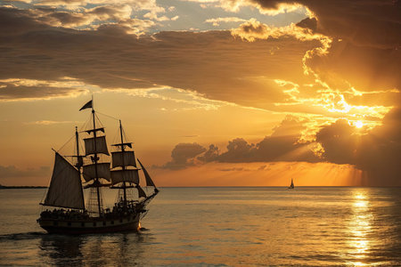 Silhouette of a sailboat in the sea at sunset.の素材