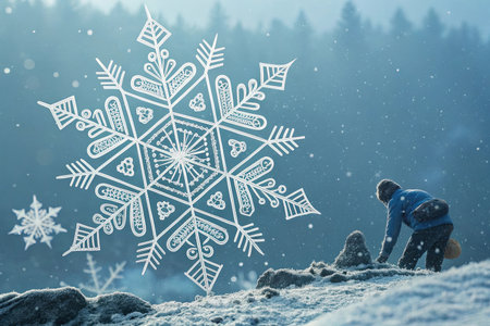 Snowflake against snow covered landscape with fir trees and man standing on topの素材