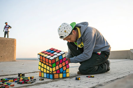 Unidentified boy playing with colorful wooden cubesの素材