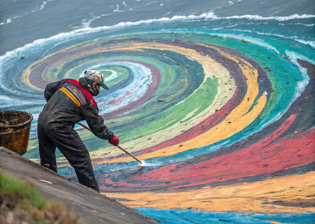Unidentified artist working on a rainbow painting in Santander, Spainの素材