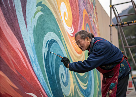 Unidentified artist painting on the wall in Chiang Mai, Thailand.の素材