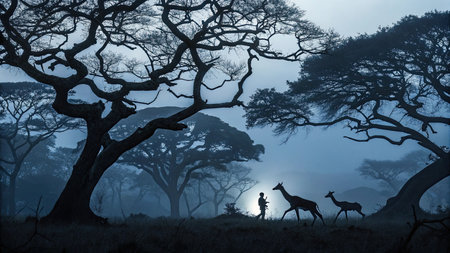 Silhouette of a man and a giraffe in the mistの素材