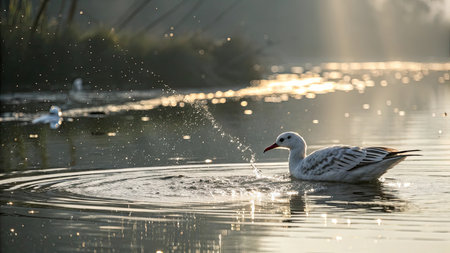 A seagull is swimming in a lake in the sunlight.の素材