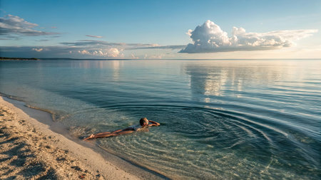 Young woman sunbathing on the beach at sunrise. Bali, Indonesiaの素材
