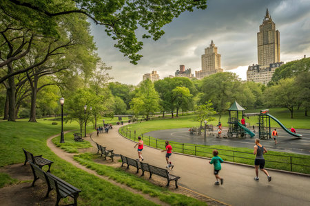 People jogging in Central Park in New York City.の素材