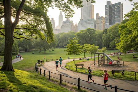 People jogging in Central Park in New York City.の素材