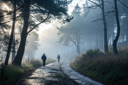 Foggy morning in the pine forest with two people walking along the pathの素材