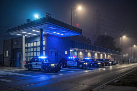 Police car at gas station.の素材