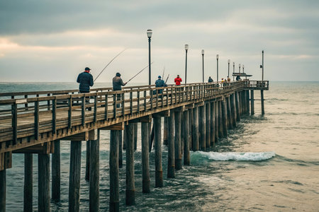 Fishermen on the wooden pier in Sopot, Poland.の素材