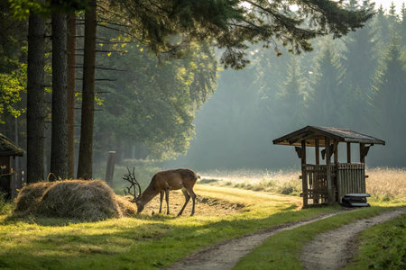Deer grazing in a meadow with a gazeboの素材