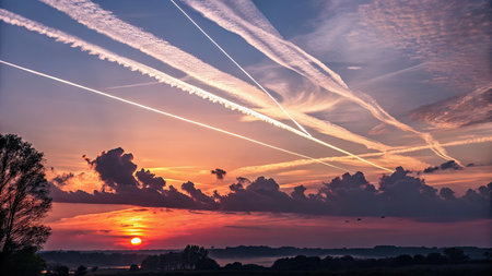 Sunset over the field with clouds in the sky. Nature backgroundの素材