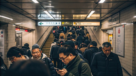 Unidentified people in Tokyo subway. Tokyo is the capital and most populous city of Japan.の素材