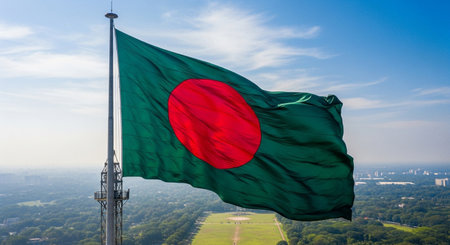 Bangladesh flag waving in the wind over a city landscape.の素材