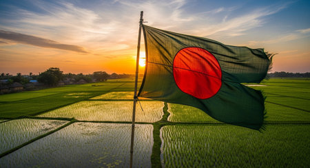Bangladesh flag waving in the rice field at sunrise time.の素材
