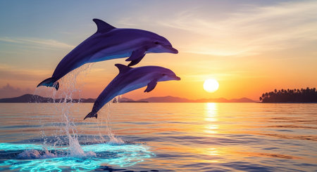 Dolphins jumping out of the water at sunset. 3d renderの素材