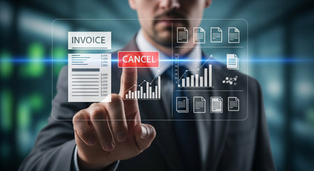 Businessman pressing high tech type of modern buttons on a virtual backgroundの素材