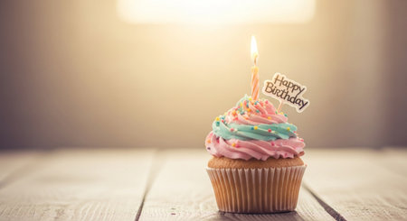 Birthday cupcake with candle on wooden background - vintage filter effectの素材