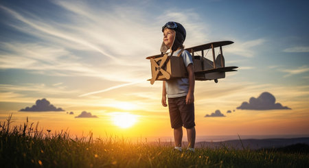 Little boy playing with cardboard airplane on the meadow during sunset.の素材