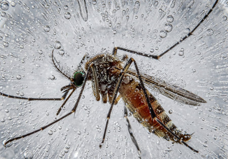 mosquito on the glass with drops of water. macro photoの素材
